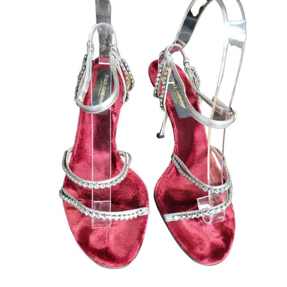 Dolce & Gabbana Womens Heel Red Velvet Crystals Buckle Sandals US 7.5 Eur 38 - Picture 4 of 9